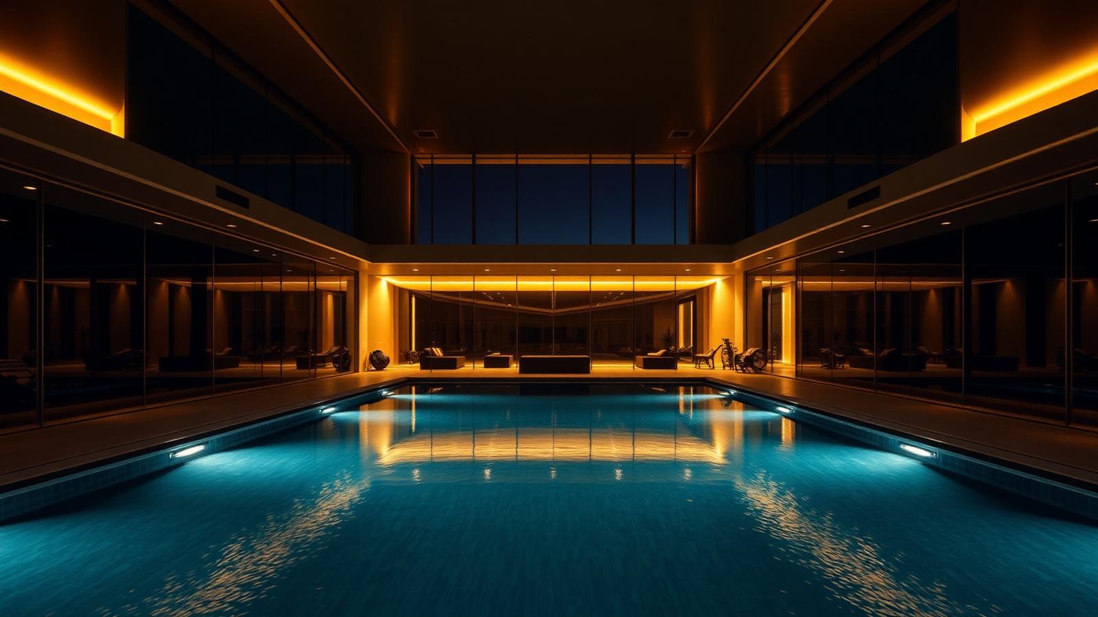 Glass-walled luxury home gym overlooking a dark infinity pool